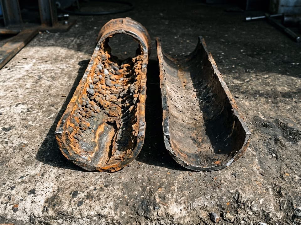 Two cast iron pipe sections side by side, one heavily scaled and one newly cut open