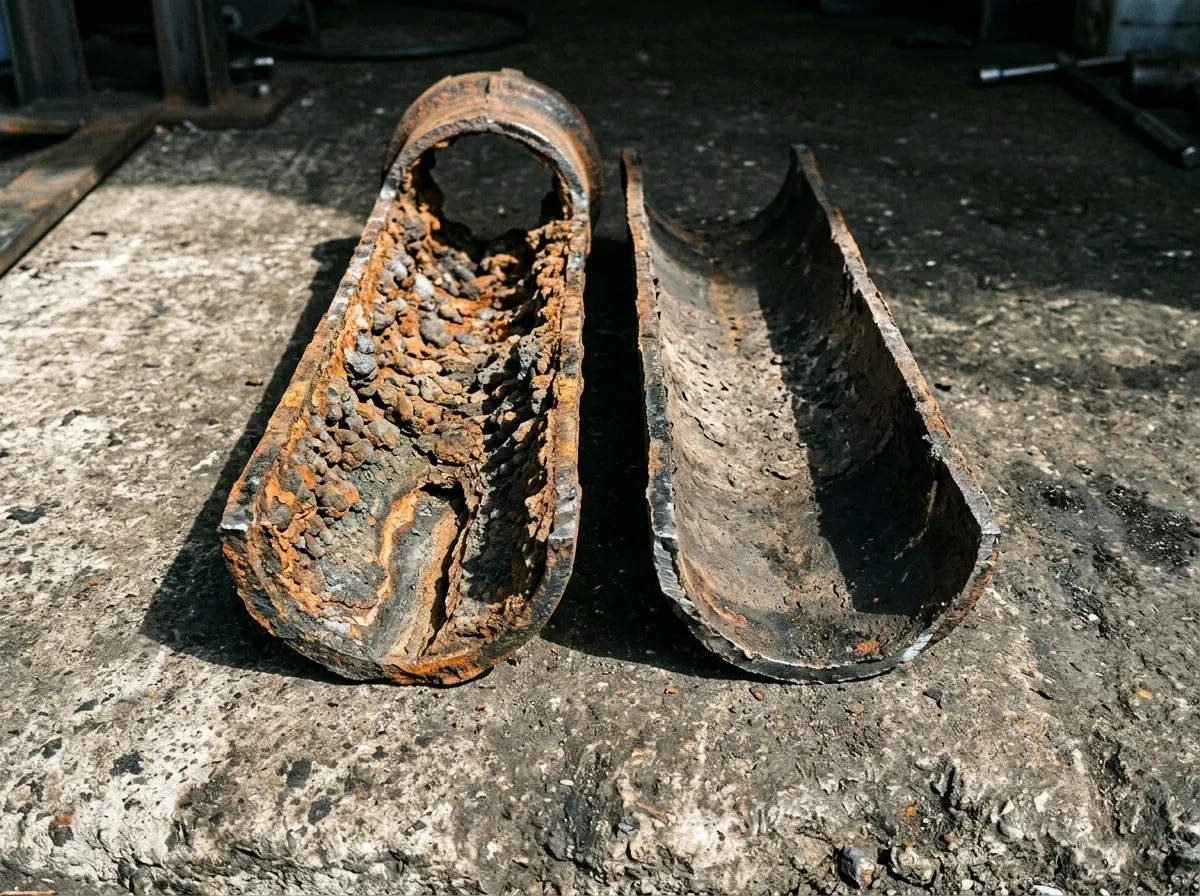 Two cast iron pipe sections side by side, one heavily scaled and one newly cut open