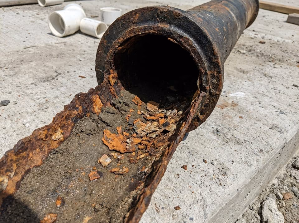 Length of cast iron drain pipe with its bottom corroded away, the channeling failure common under Florida slabs