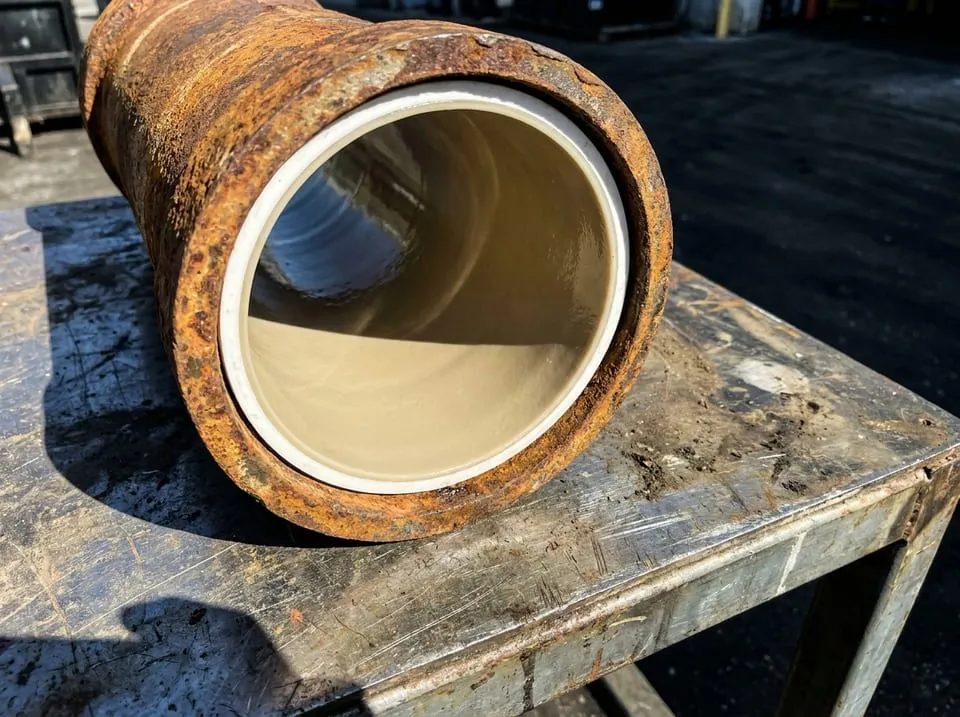 Cut cross-section of a cured CIPP liner bonded inside an old cast iron sewer pipe