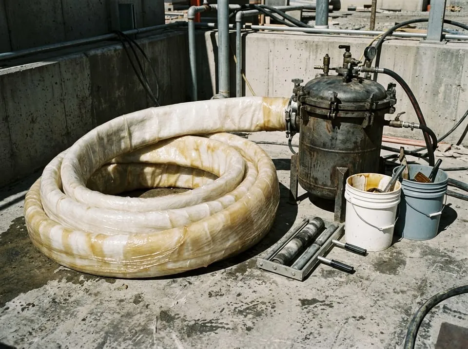 Resin-saturated felt CIPP liner and inversion drum staged on a driveway for sewer pipe lining