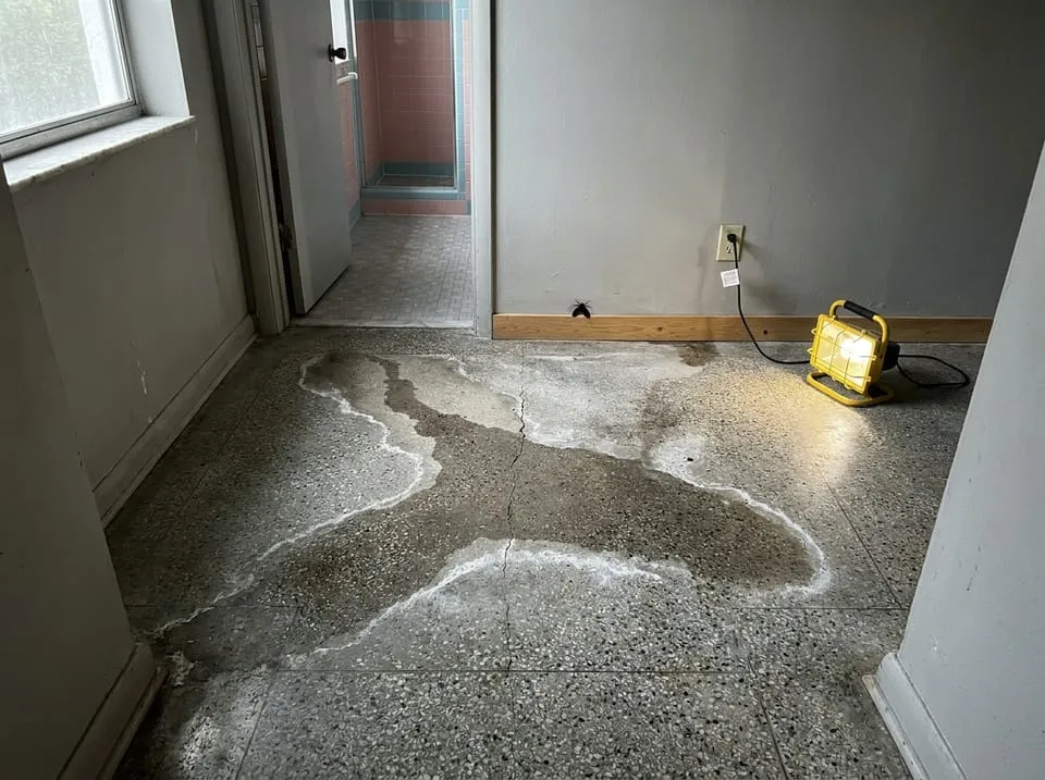 Dark damp patch spreading across a terrazzo floor of a Florida slab home, a warning sign of a broken sewer line