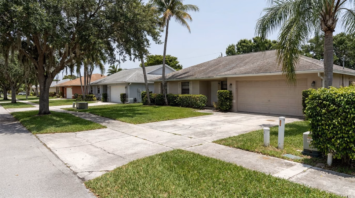 Residential street of 1970s homes in Dania Beach, Florida, built in the cast iron sewer pipe era