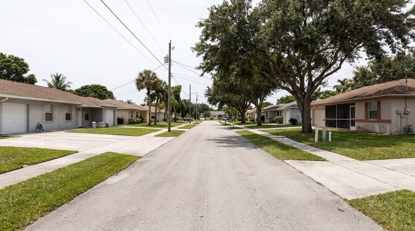 Residential street of 1970s homes in Deerfield Beach, Florida, built in the cast iron sewer pipe era