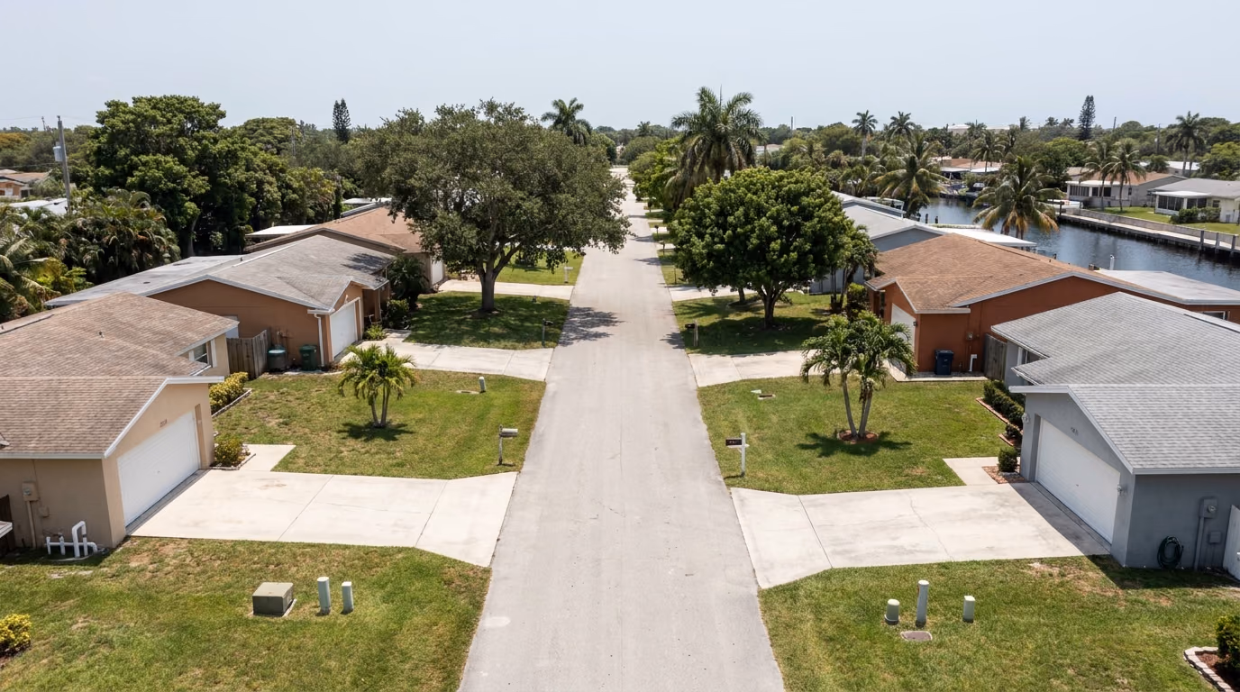 Residential street of 1970s homes in Hallandale Beach, Florida, built in the cast iron sewer pipe era
