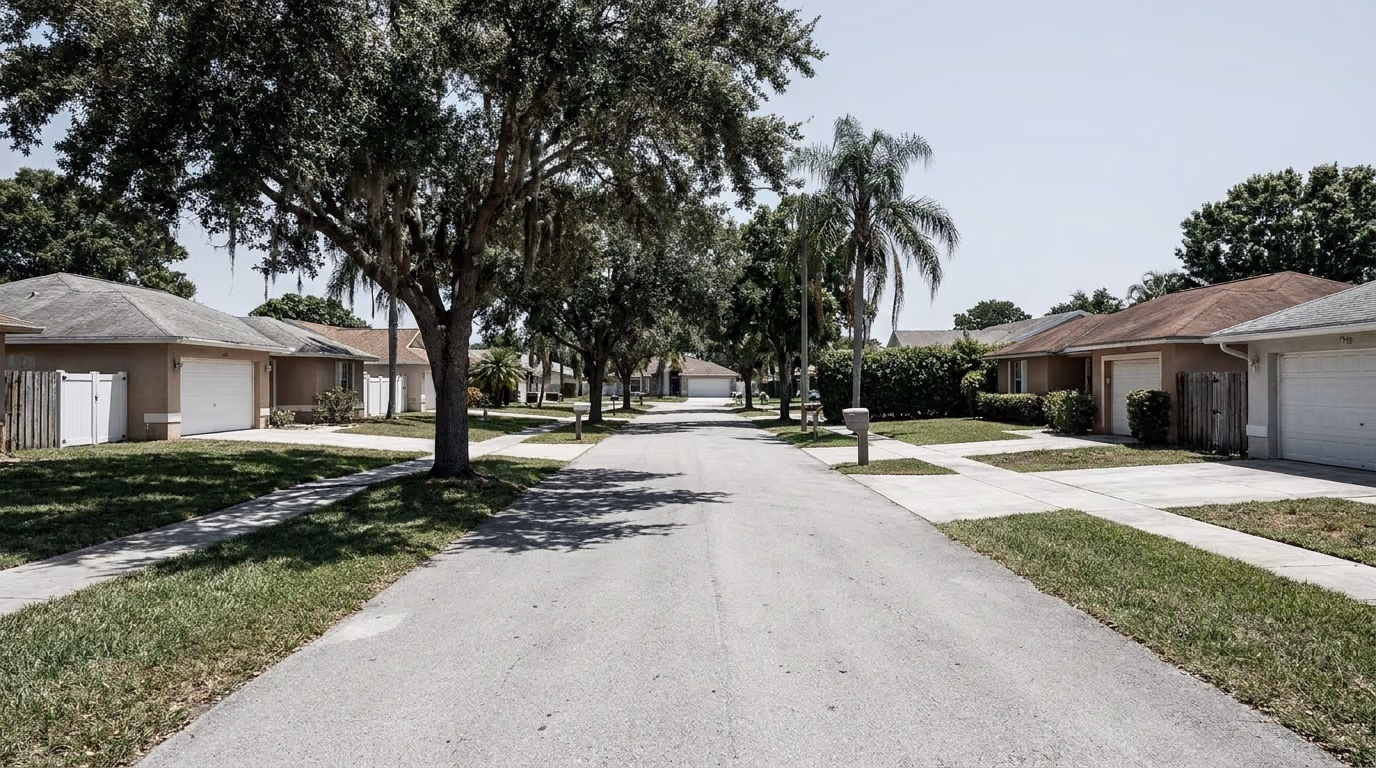 Residential street of 1970s homes in Lauderhill, Florida, built in the cast iron sewer pipe era