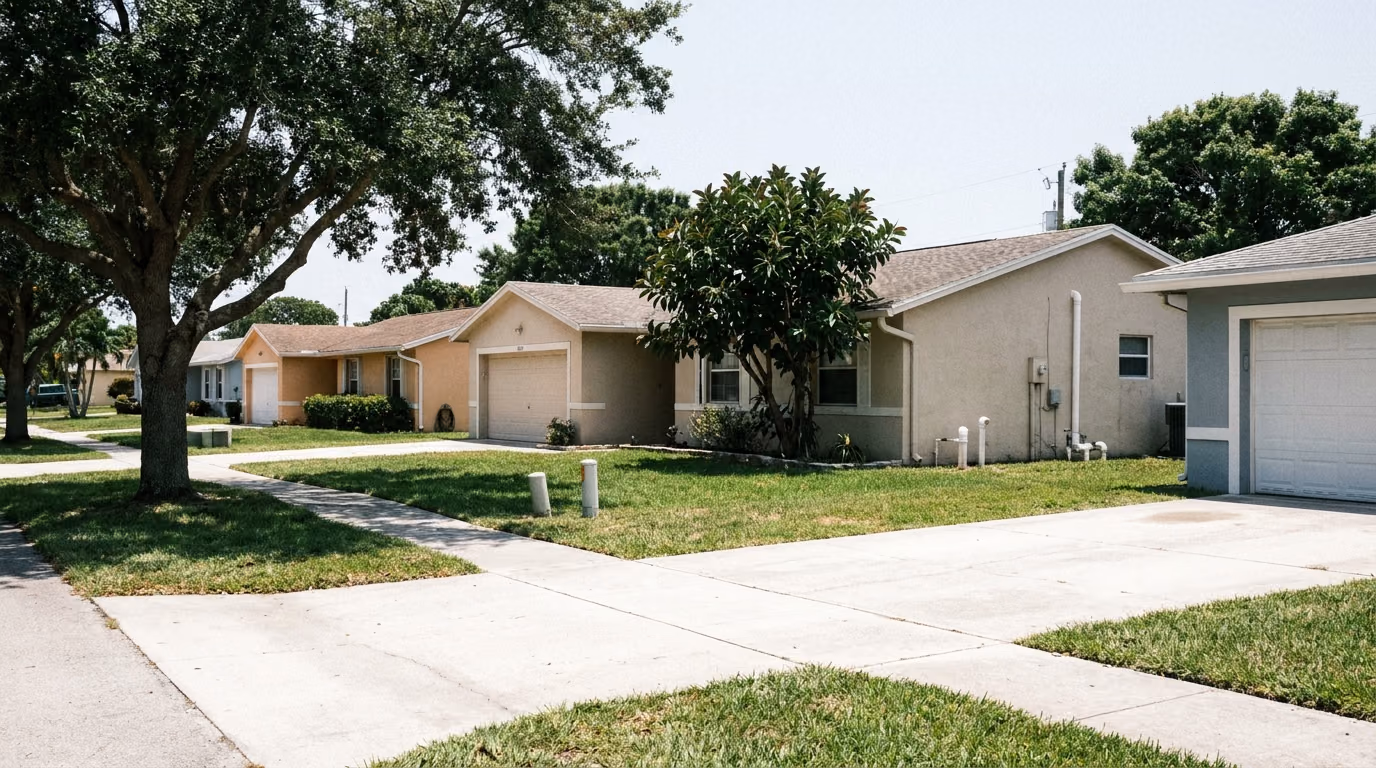 Residential street of 1970s homes in North Lauderdale, Florida, built in the cast iron sewer pipe era