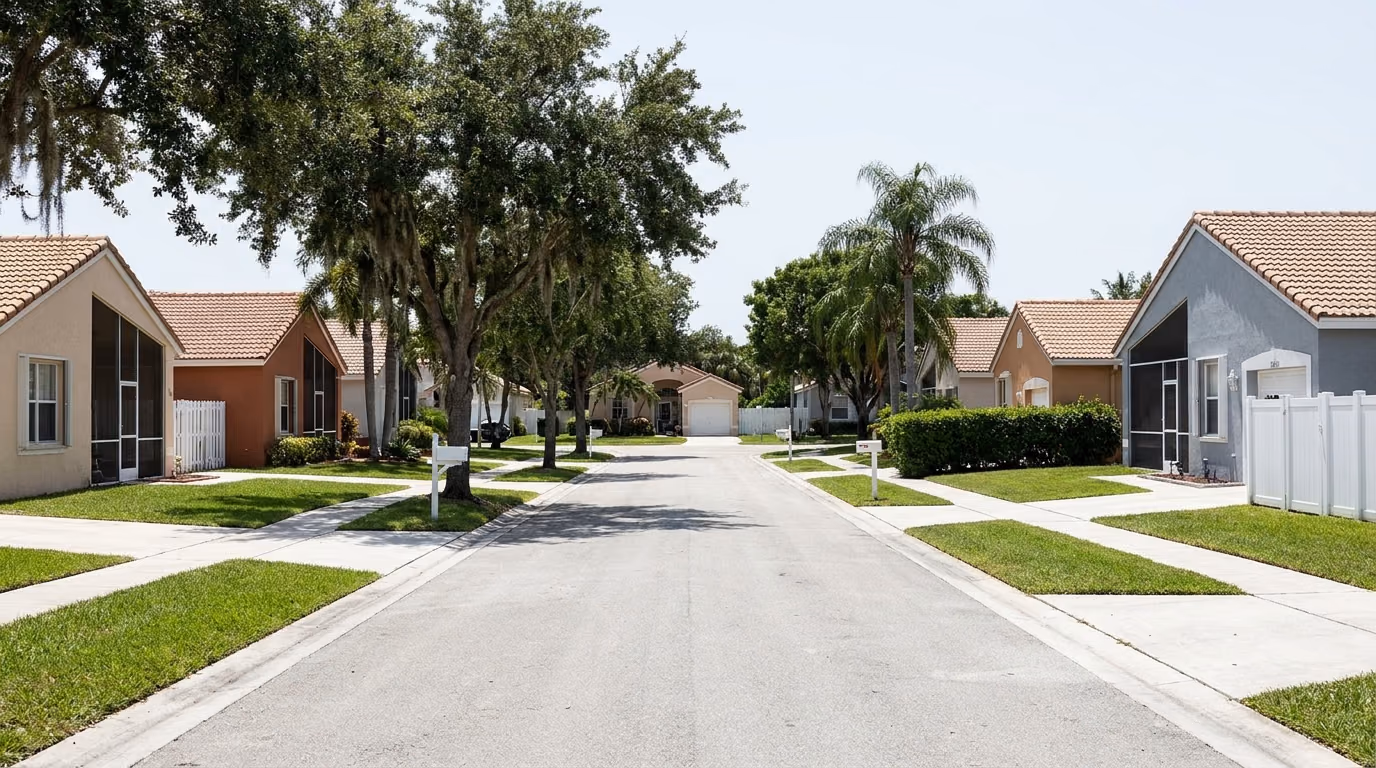 Residential street of 1990s homes in Pembroke Pines, Florida, built in the cast iron sewer pipe era