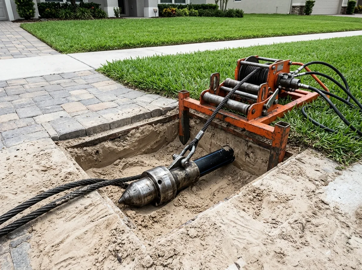 Pipe bursting head and cable at a small access pit beside an intact driveway and lawn