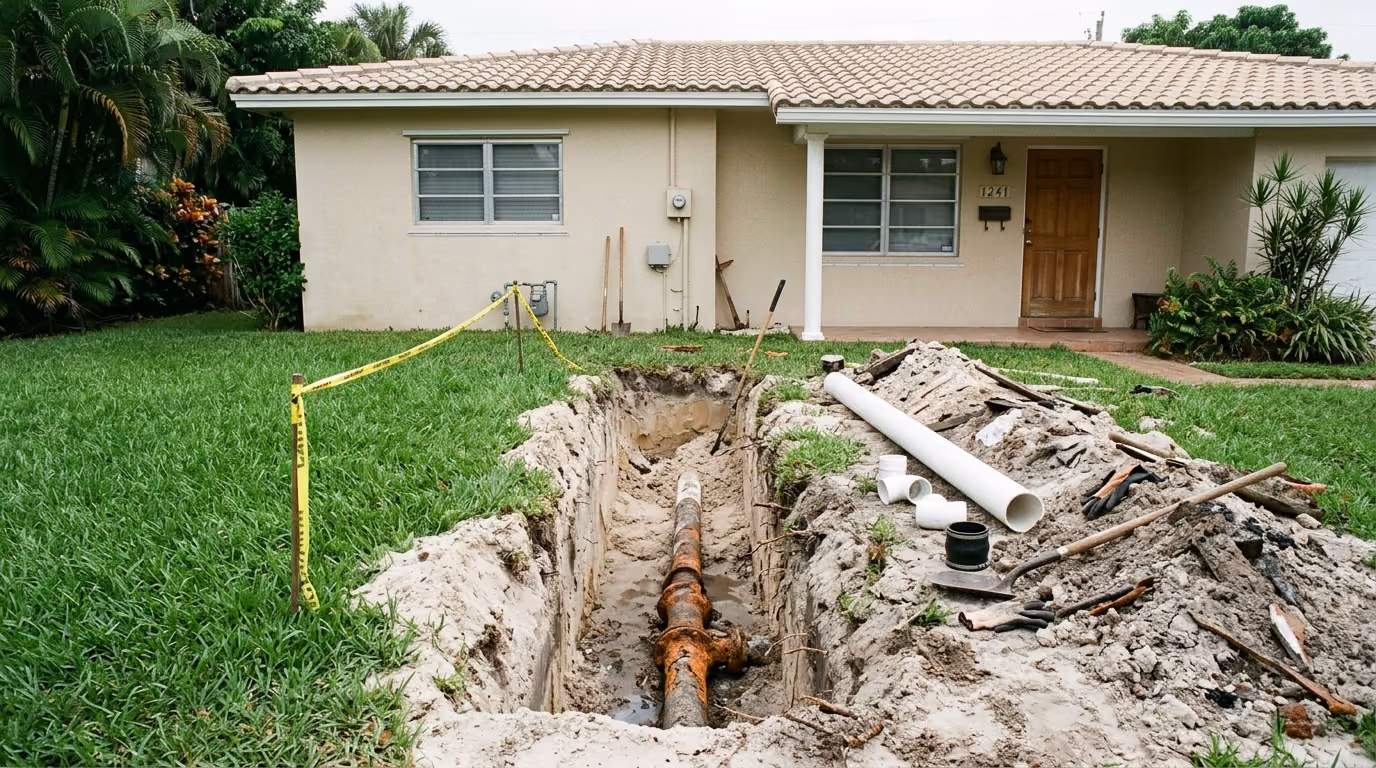 Open excavation beside a 1960s Broward block house exposing a corroded cast iron sewer lateral