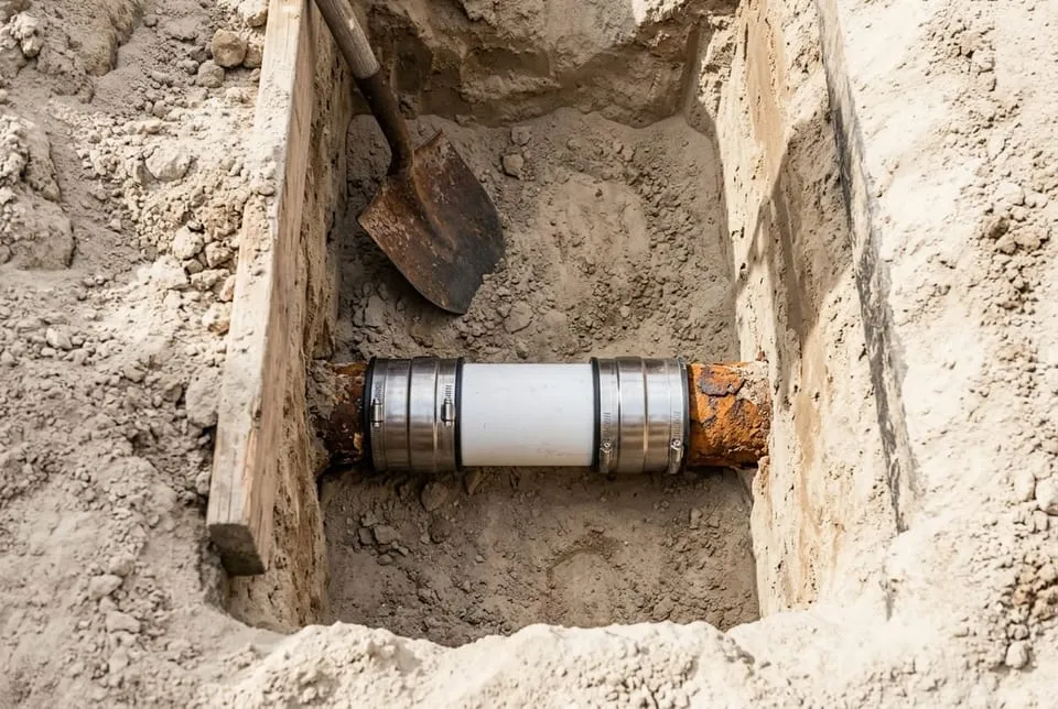 New PVC section coupled to old cast iron pipe at the bottom of an open trench