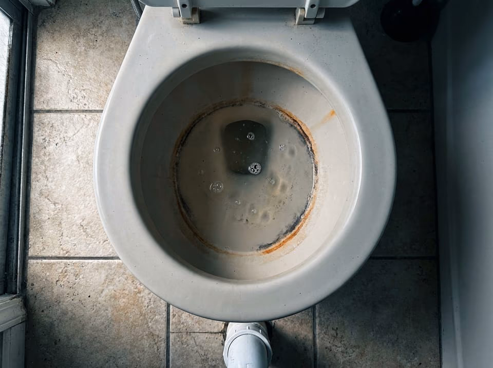 Toilet bowl with an unusually low water level in an older Florida bathroom