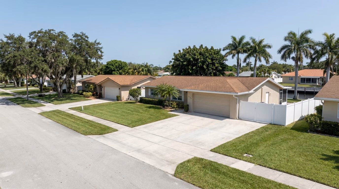 Residential street of 1970s homes in Wilton Manors, Florida, built in the cast iron sewer pipe era
